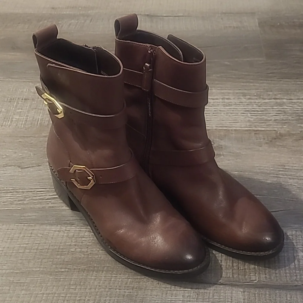 Cole Haan Leela Grand Moto Leather Ankle Boots Gold Straps Women Sz 5.5B